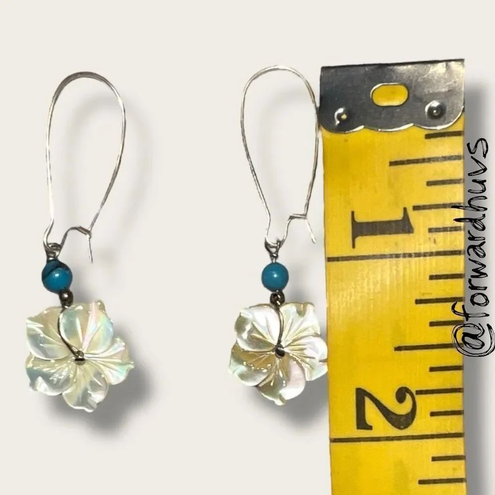 Hand-Carved Mother of Pearl Earrings – Turquoise & Black Accents - Picture 3 of 6